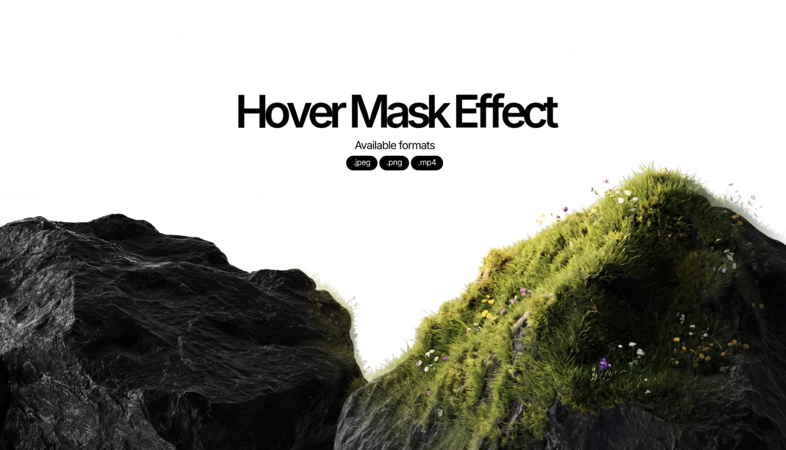 The Hover Mask Effect page from Framer Marketplace: a large black headline over a mossy hill and a dark rock, with part of it selected and the rest dimmed.